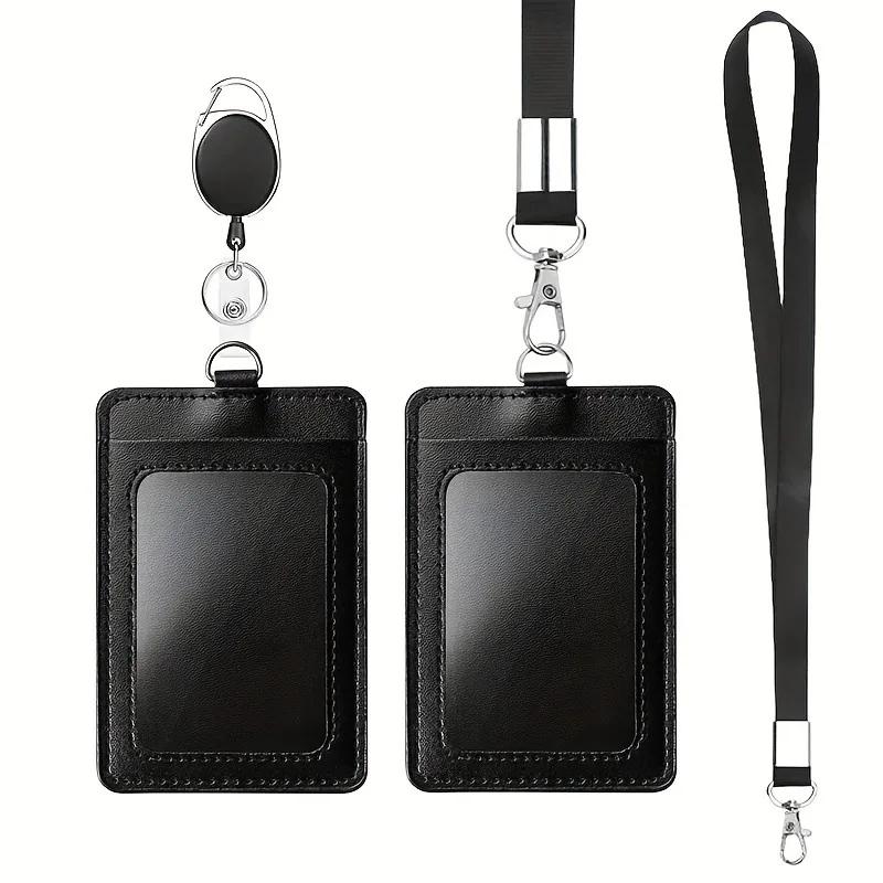 Fashion PU Leather Card Holders Set Women Men Student Retractable Badge Reel ID Card Holder Cover Case Nurse Badge Lanyards