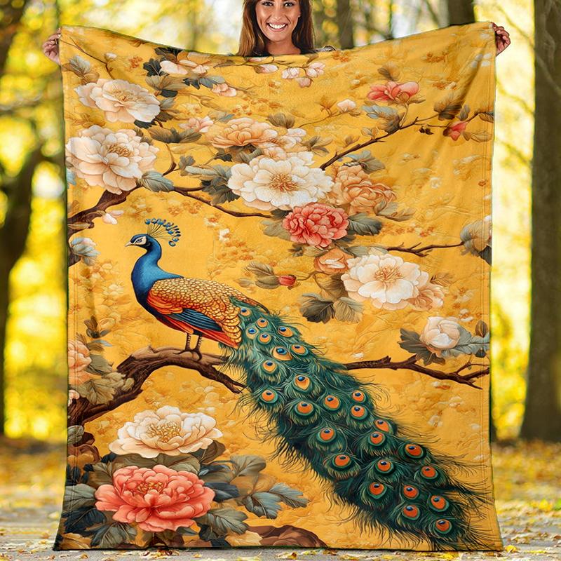 Peacock Flowers blanket Personalized Name Flannel Blanket Soft Cozy Plush Throw for Sofa Bed Lightweight Home Décor