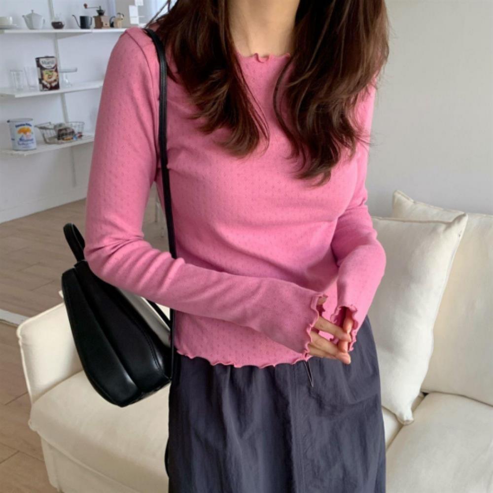 New Arrivals Open Run Women Slim Round Long Sleeve T shirT Wrinkle deTail Punchy