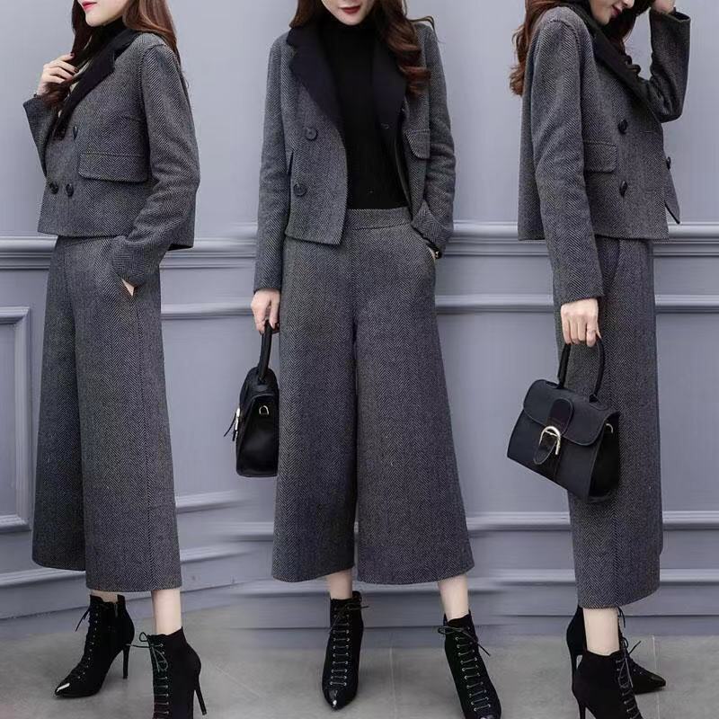 Seturi de Pantaloni Două Piese Femei Cardigan de Lână Blazer Gros cu Nasturi Pantaloni cu Picior Larg Buzunare Costume Casual Solide Îmbrăcăminte Exterioară Iarnă