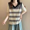 Striped Women's T-shirts Loose V-neck Contrasting Color Woman Short Sleeved Top Summer Casual Fashionable Ladies Pullover New Trend Tees