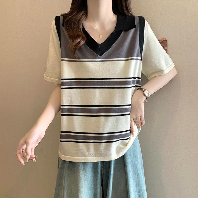 Striped Women's T-shirts Loose V-neck Contrasting Color Woman Short Sleeved Top Summer Casual Fashionable Ladies Pullover New Trend Tees
