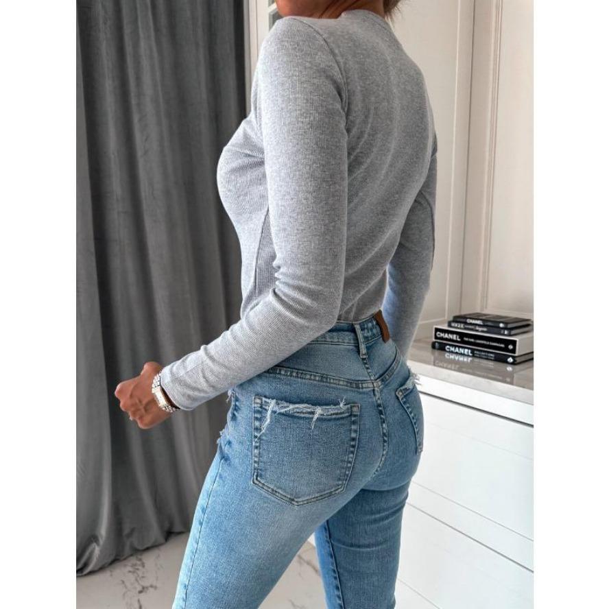 YYFS Moda dame ocazional primăvară toamnă imprimeu culoare uni cu mânecă lungă cu decolteu O bluze și cămăși