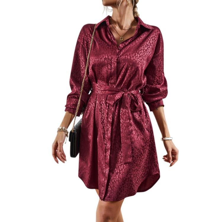 Elegant Women Long Sleeve Lace Up Dress Single Breasted Lapel Neck Autumn