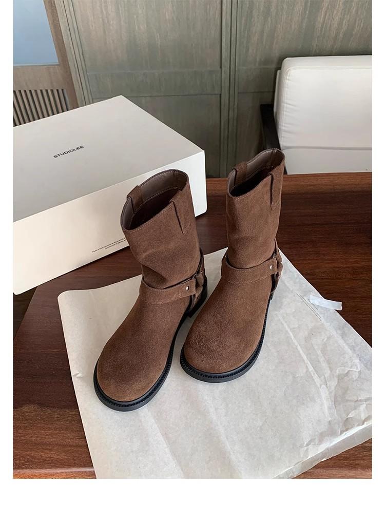 Grape mother same versatile round head metal buckle retro low heel western short boots women's autumn and winter leather thin boots