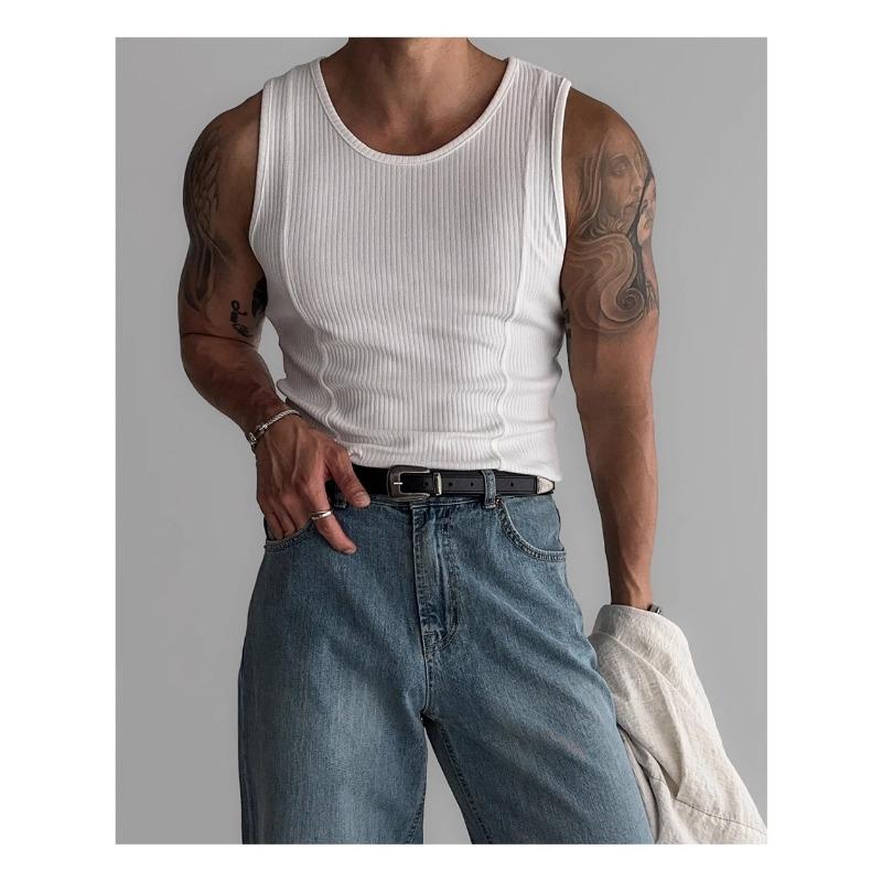 Herren Rippstrick Tanktop Slim Fit Ärmellos Muskelshirt Lässig Einfarbig Rundhalsausschnitt Weste