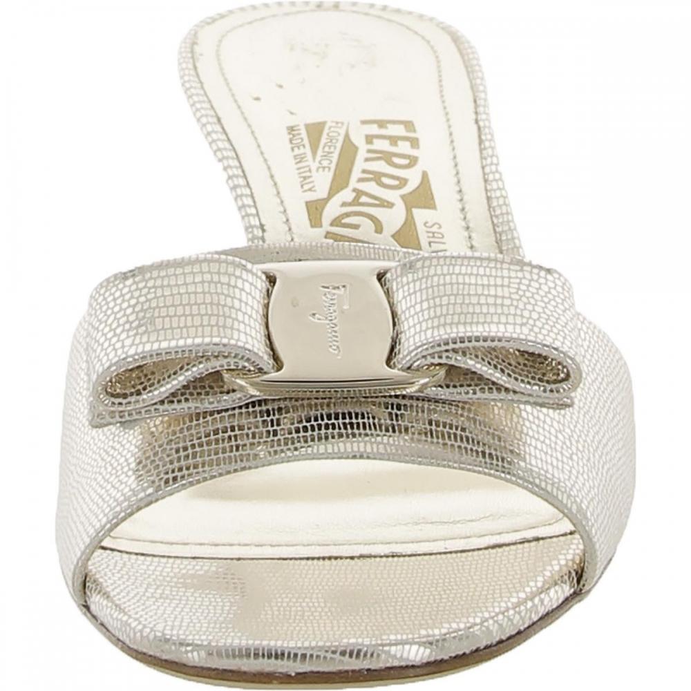 Salvatore Ferragamo Glo 55 Womens Leather Metallic Slide Sandals Platino