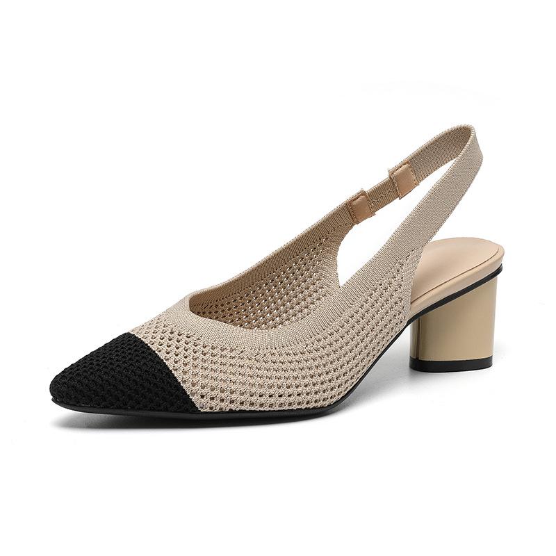 BT663 Princess Cutout Stickade Sandaler - Rund/Spetsig Tå, Bakrem, Lågt Skuren, Chunky Klack