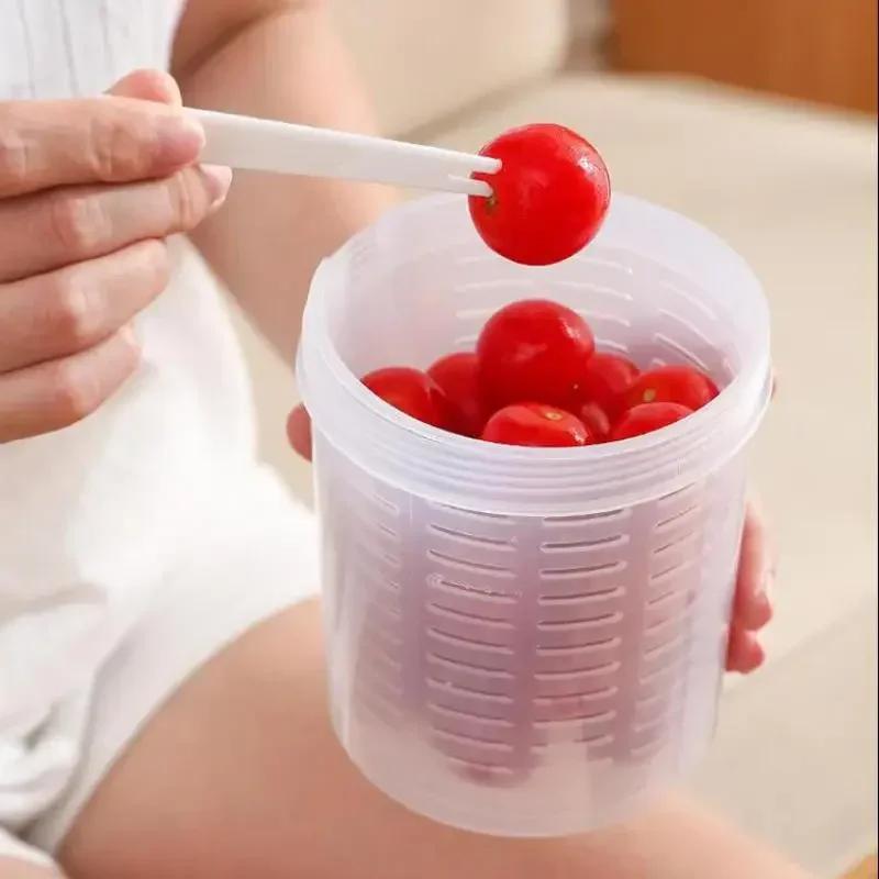 Kitchen Transparent Storage  Box Portable Fruit Storage Container Set with Fork Drainer for Lunch Refrigerator Food Preservation