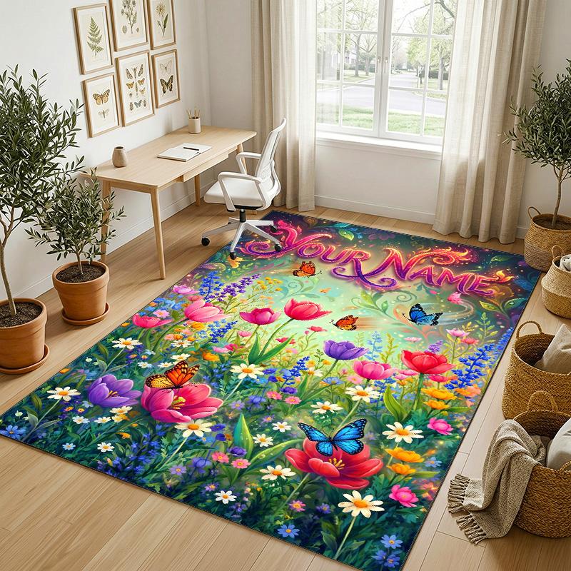 Floral Garden Theme Crystal Velvet Rug Personalized Custom Name Text Soft Floor Mat Home Decor