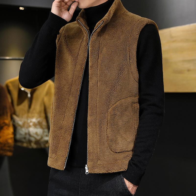Chalecos de Lana de Cordero de Invierno para Hombre Abrigo Cálido Moda Casual Grueso Cuello Alto Chaqueta sin Mangas Se Puede Usar por Ambos Lados Chaleco Hombre