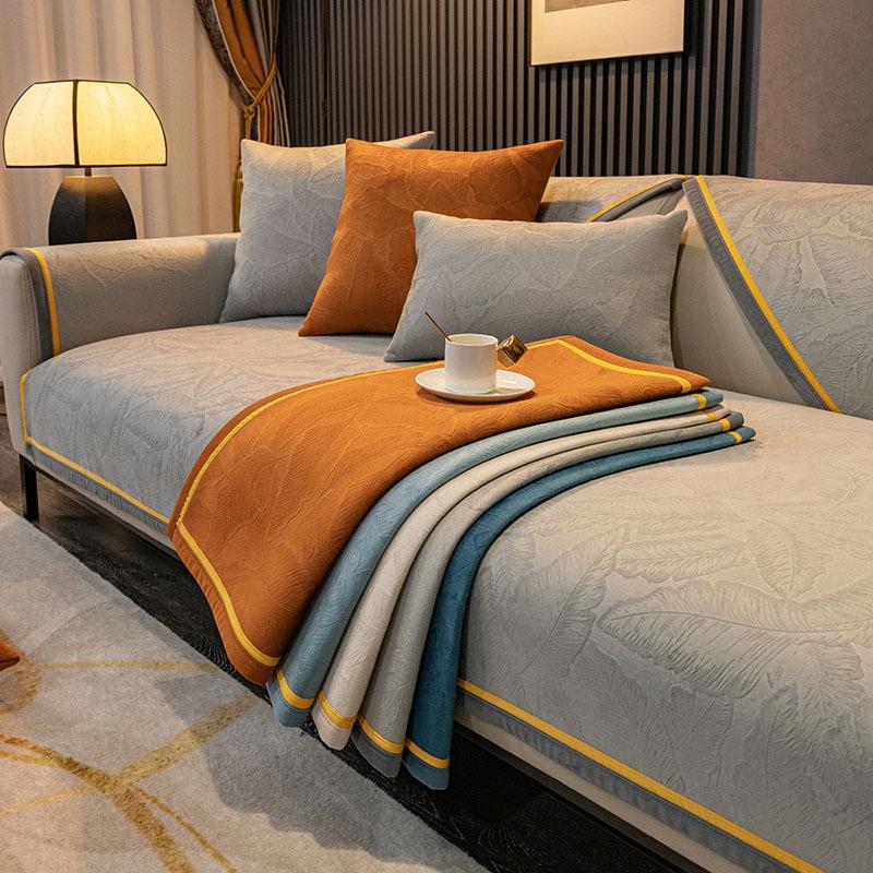 Sofaovertrekk Jacquard Kort Plysj Stue Sofahåndkle Fire Sesonger Sklisikkert Støvtett Møbelbeskyttelsesdeksel Gul Kant