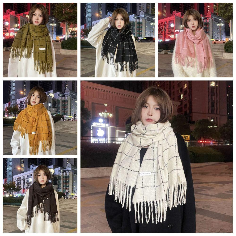Solid Color Plaid Wool Scarf Cashmere Shawl Long Shawl Elegant Winter Cashmere Scarves  Student