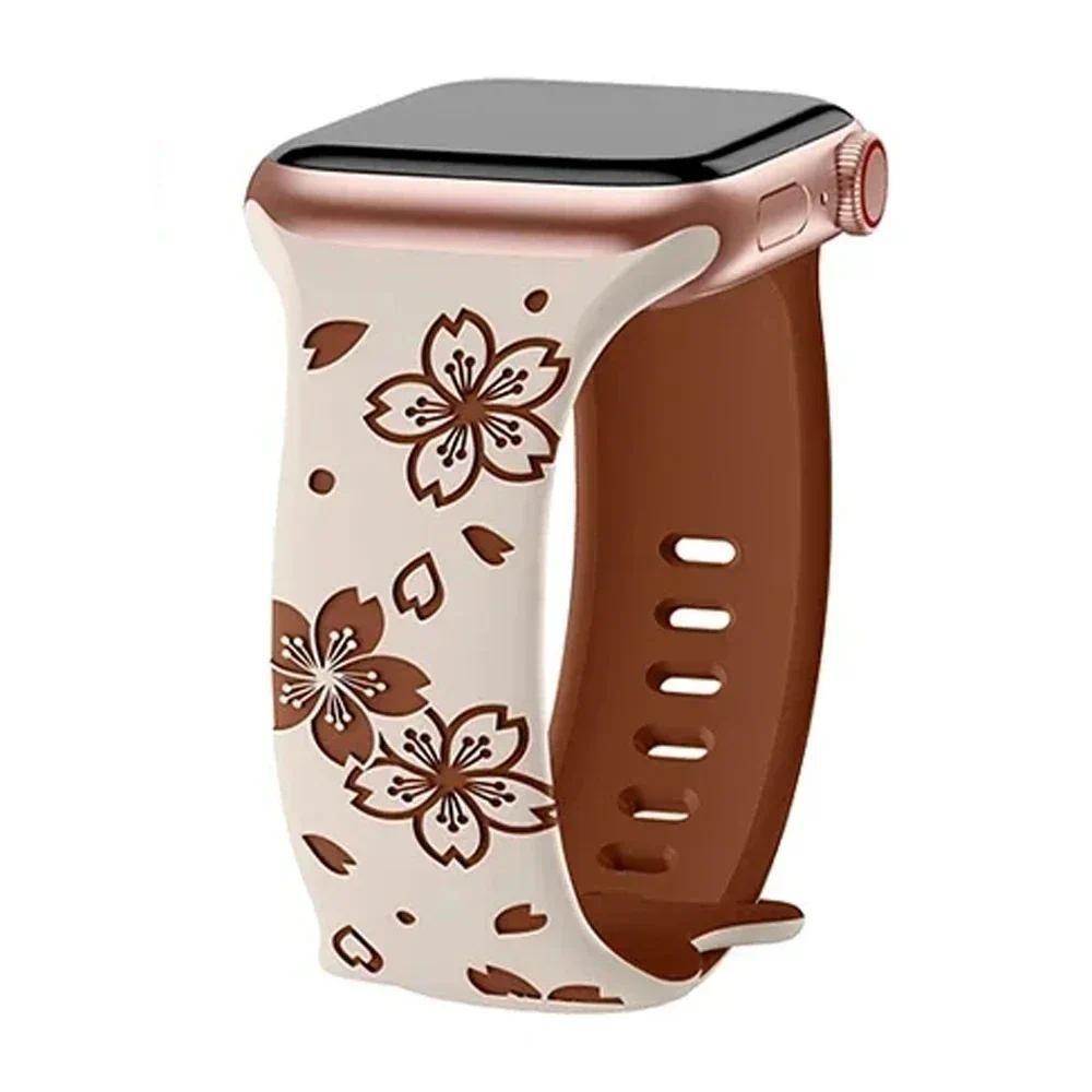Silicone Band Engraved Floral Strap for Apple Watch 38mm 40mm 41mm 42mm 45mm 46mm 49mm iWatch Series 11 10 9 8 7 6 5 4 3 2 1 Se