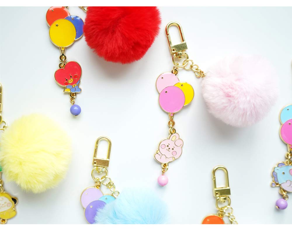 [BT21] Solomon Shoji Metal Dangle Keychain, Fur Keyring with Balloon Design, Fluffy, Baby, Cute, Chibi, Gift (RJ)