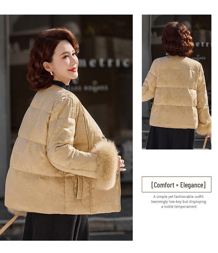 Women's Winter 2025 Jacquard Fox Fur Down Jacket - Short, Round Neck, White Duck Down, New Chinese Style Mother's Coat