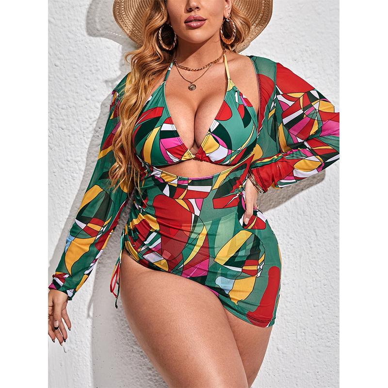 

Купальник больших размеров, женский сплит из трех частей, рубашка с длинными рукавами, сетчатые красные комплекты бикини на шнуровке 4XL разноцветный