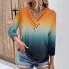 Womens 3/4 Sleeve Daily Weekend V Neck Casual Printed Tshirts Loose Fit Pleated Tees Button Down Shirts