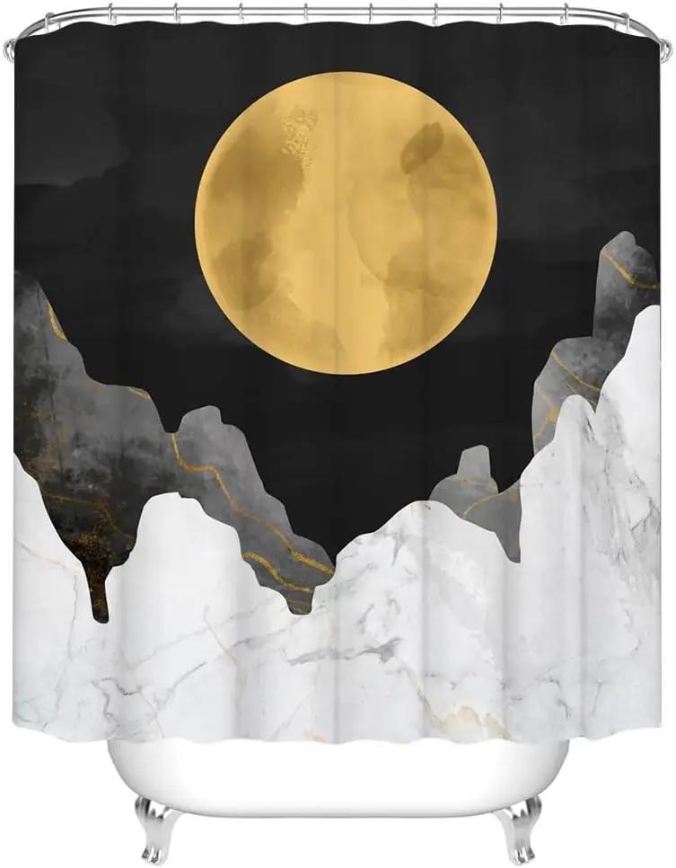 

Black Grey And White Shower Curtain Abstract Full Moon Shower Curtain Simple Modern Bathroom Decoration With Hook W60H190(CM)-1 Pcs