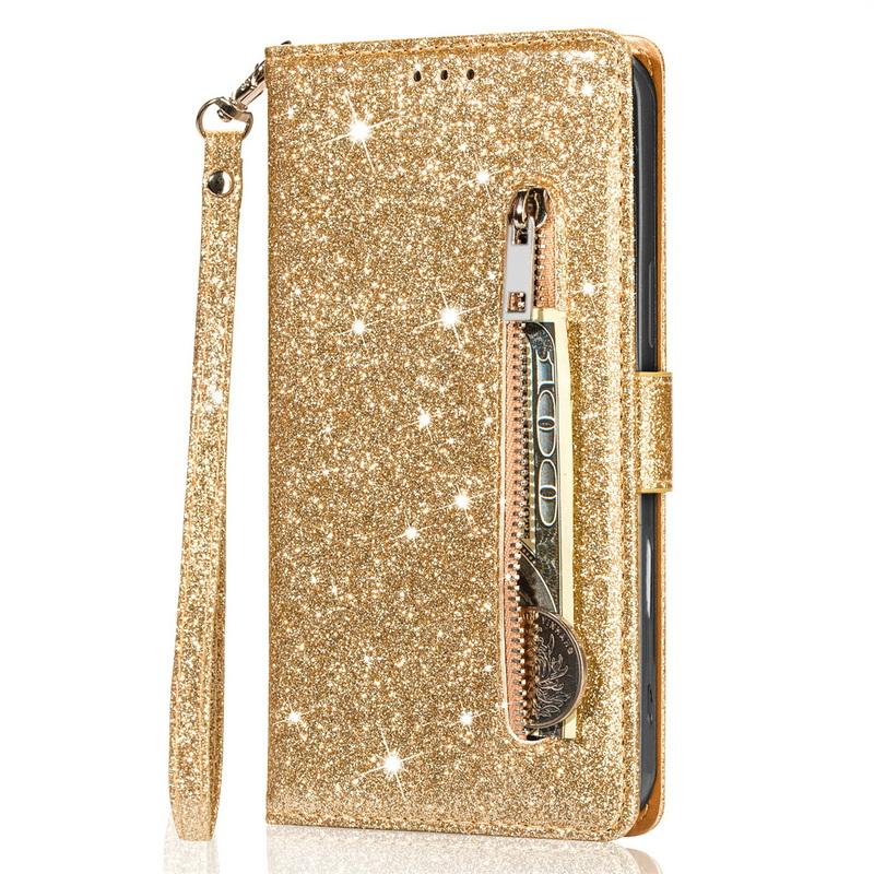 Glitter Zipper Leather Flip Wallet Case For iPhone 17 Pro Max Luxury Card Slots Phone Holder Cover For iPhone 16 15 14 Pro Max 13 12 11