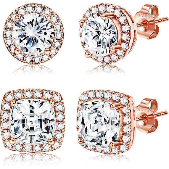 Pozlacené náušnice Halo 18K Zirkonové náušnice 925 Sterling Silver Kulaté Čtvercové Náušnice Diamonique Sada pro Ženy Muže