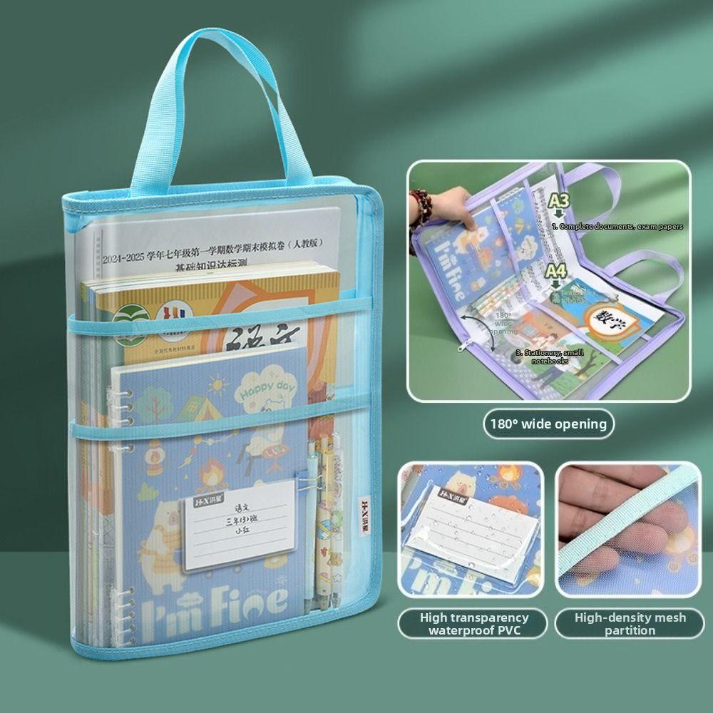 Visible Test Paper Storage Bag A3 Large Large Capacity Transparent A4 Handbag Thickened Waterproof Kids Document Bag Exam Papers
