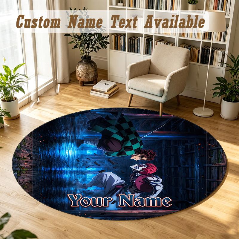 Round Rug Custom NameDemon Slayer Pattern Non Slip Carpet Home Floor Decor