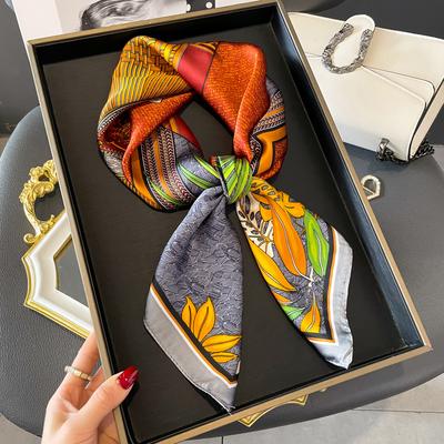 Luxury Floral Leaf Print Silk Square Scarf For Women Hands Bag Ribbions Soft Satin Kerchief Hairband Head Hijab Female Headband
