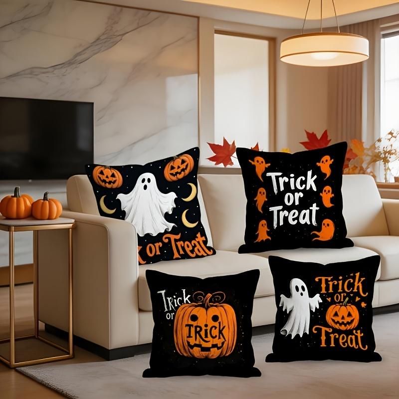 4pcs 2D Flat Double-Sided Printed Halloween Throw Pillow Covers, Multi-Sizes Cushion Cases with Pumpkin Ghost Pattern, Spooky Autumn Decor for Living