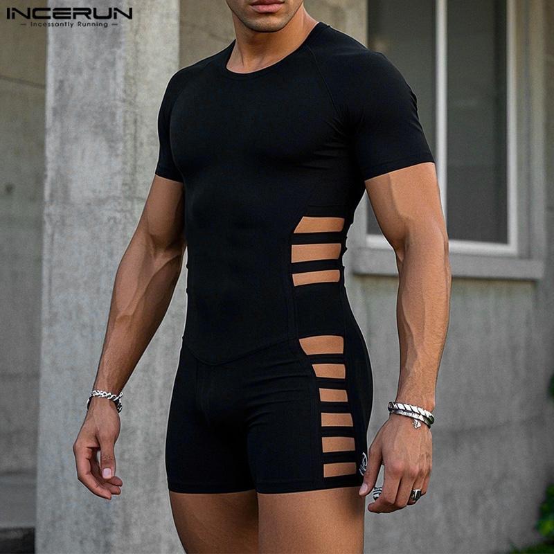 

INCERUN Men Short Sleeve Hollow Bandage Fitted Jumpsuits Romper Bodysuits S чёрный