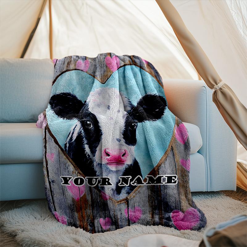 1PC Custom Name Love Cows Art Outdooor Flannel Blankets Patterns Throw Blanket All-Season Soft Gift for Couch, Bed, Camping Gifts