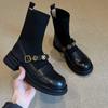 Thick-soled metal buckle elastic short boots retro college style knitted thin boots women's versatile loafers boots