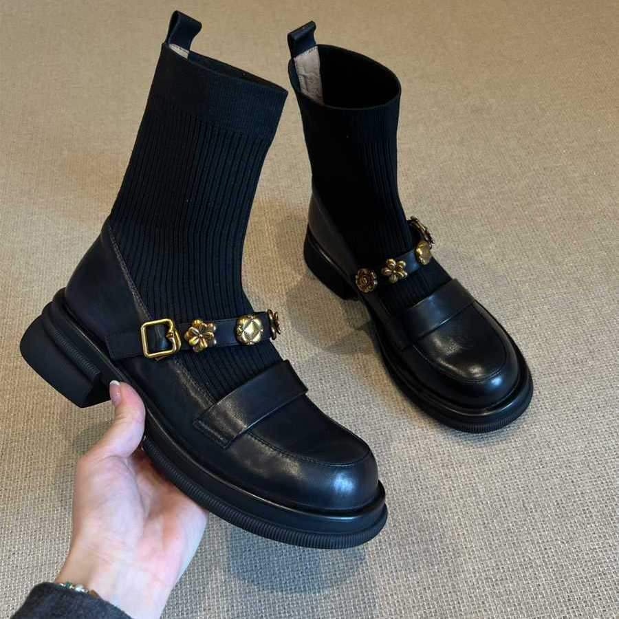 Thick-soled metal buckle elastic short boots retro college style knitted thin boots women's versatile loafers boots
