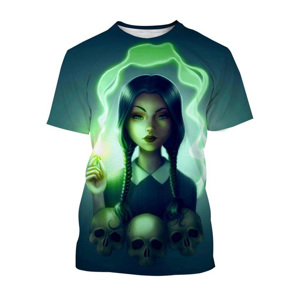 

Женские футболки с коротким рукавом и повседневным кроем с 3D-принтом персонажа Уэнсдей Мерлины - Мягкая полиэстеровая ткань средней эластичности, летняя одежда свободного кроя XS