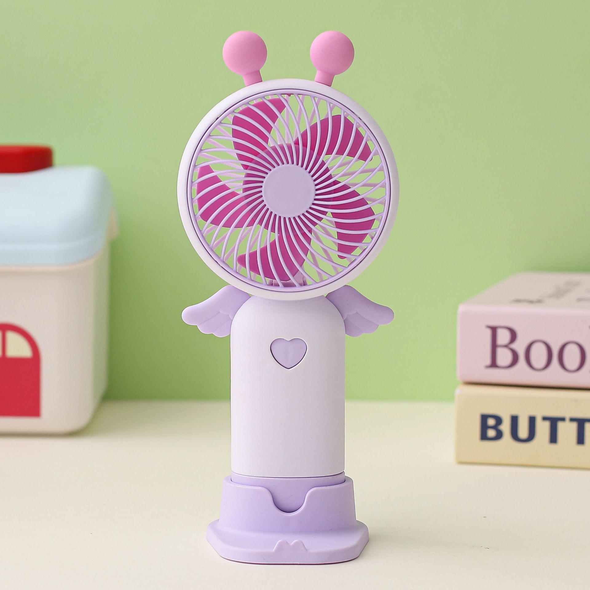 Cartoon USB Rechargeable Portable Fan: Handheld, Silent, Lighted, Desktop Phone Holder Box Packaging + USB Charging Cable