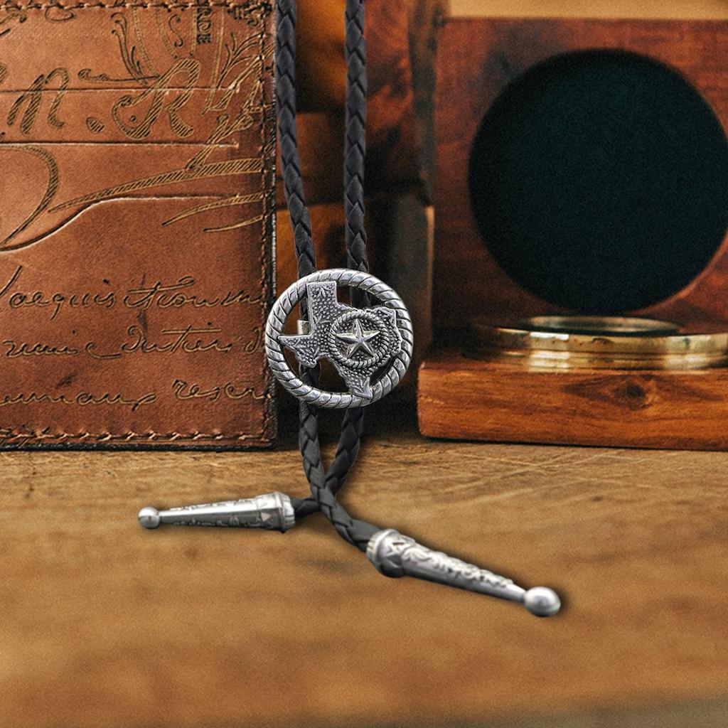 [Yzbeutf] Vintage Bolo Tie for Men and Women, Texas Map Star Tie, Western Bolo Tie, Black Leather, Cowboy, Cowgirl (Silver Map)
