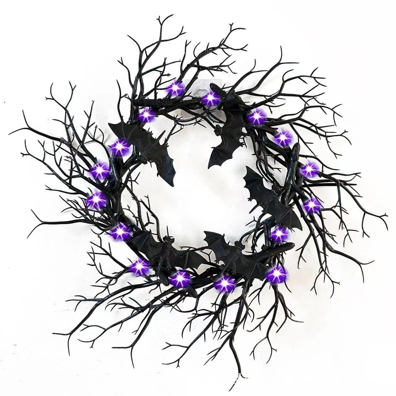 

Halloween Decoration Wreath Bat Spider Black Branch Wreaths With Red Purple LED Light Wreath For Doors Window Flower Garland
