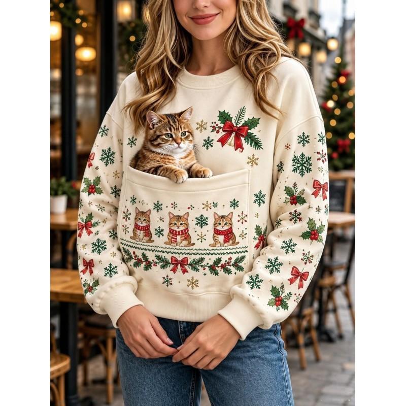 Christmas Cat Pocket Print Sweatshirt Retro Long Sleeve Top Holiday