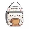 White Cat Holding Coffee Cup Pattern Insulated Lunch Bag for Women Kids Portable Food Boxes Thermal Lunch Box Tote