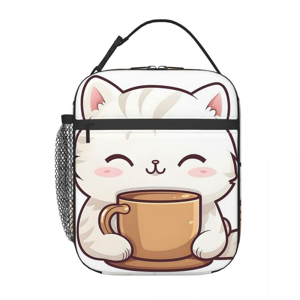 White Cat Holding Coffee Cup Pattern Insulated Lunch Bag for Women Kids Portable Food Boxes Thermal Lunch Box Tote