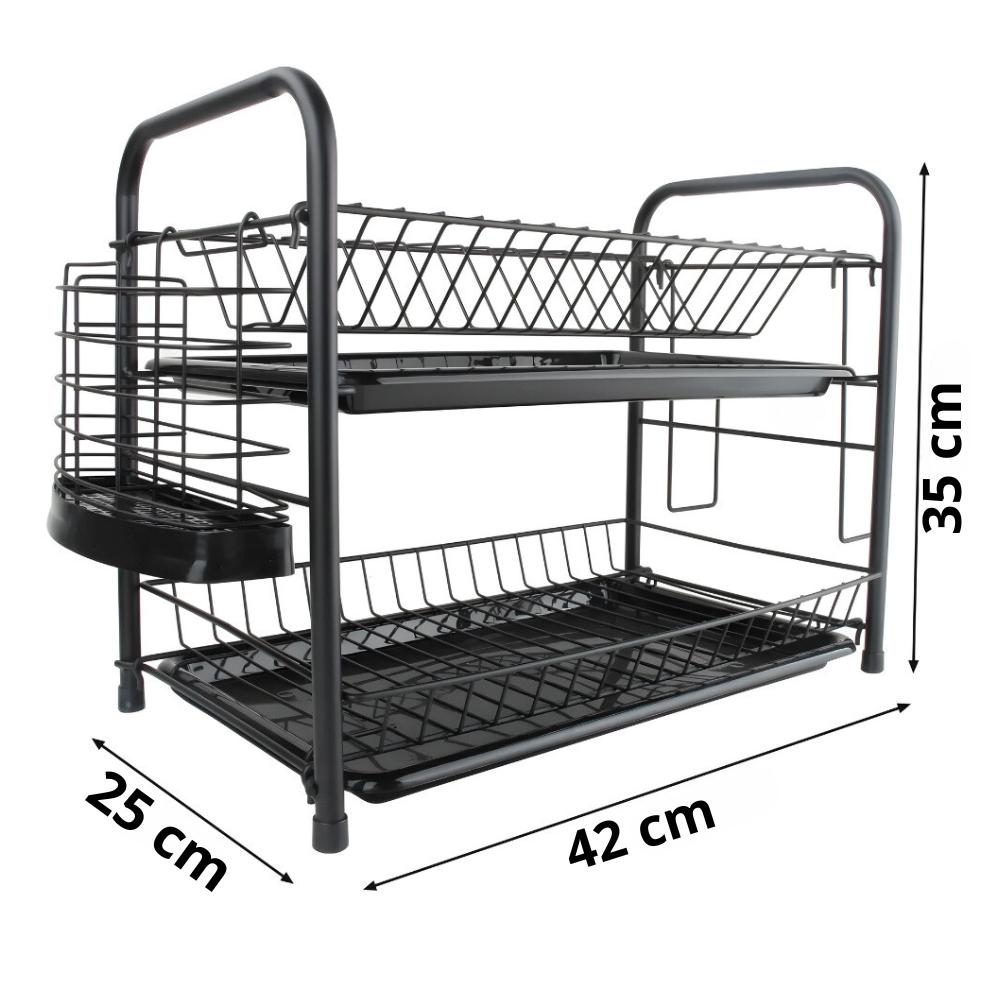 Large, two-tier standing dish drainer for dishes, black