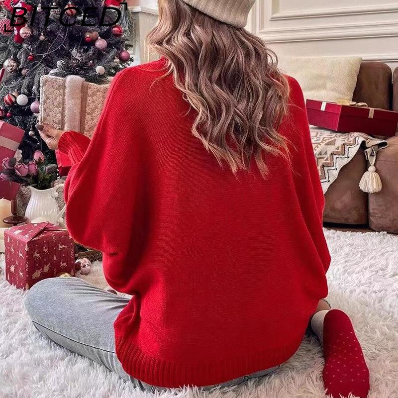 BITCED Valentine's Day LOVE Red Turtleneck Sweater Batwing Sleeve Oversized Pullover Knit Top