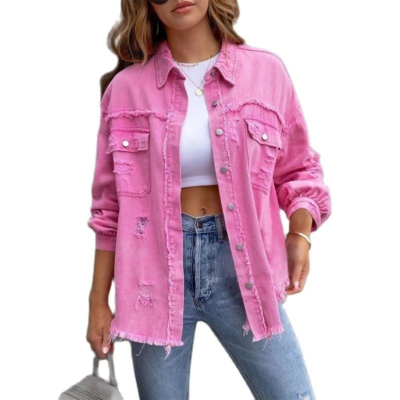 Holes Raw-edges Denim Jacket Women Spring Autumn Shirt Style Jeancoat Casual Top Outerwear Lady Coat