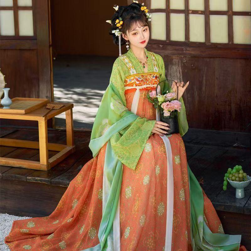 Authentic Tang Dynasty Style Hanfu Set Womens Wrap Skirt Outfit With Floral Print Embroidery