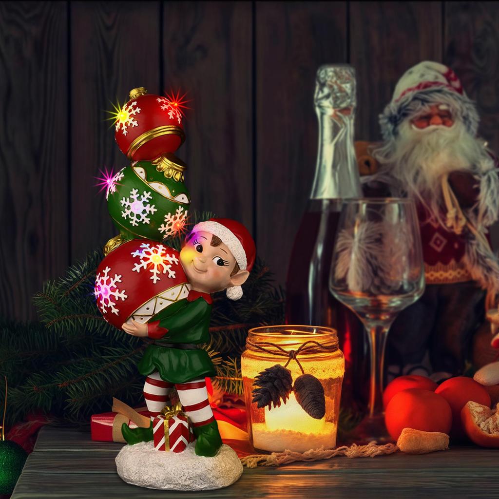 YUETJIN 12" Indoor Farbwechselnde Gestapelte Weihnachtskugel Elfenornament – Schneeflocken-Weihnachtsdekoration mit LED-Lichtern