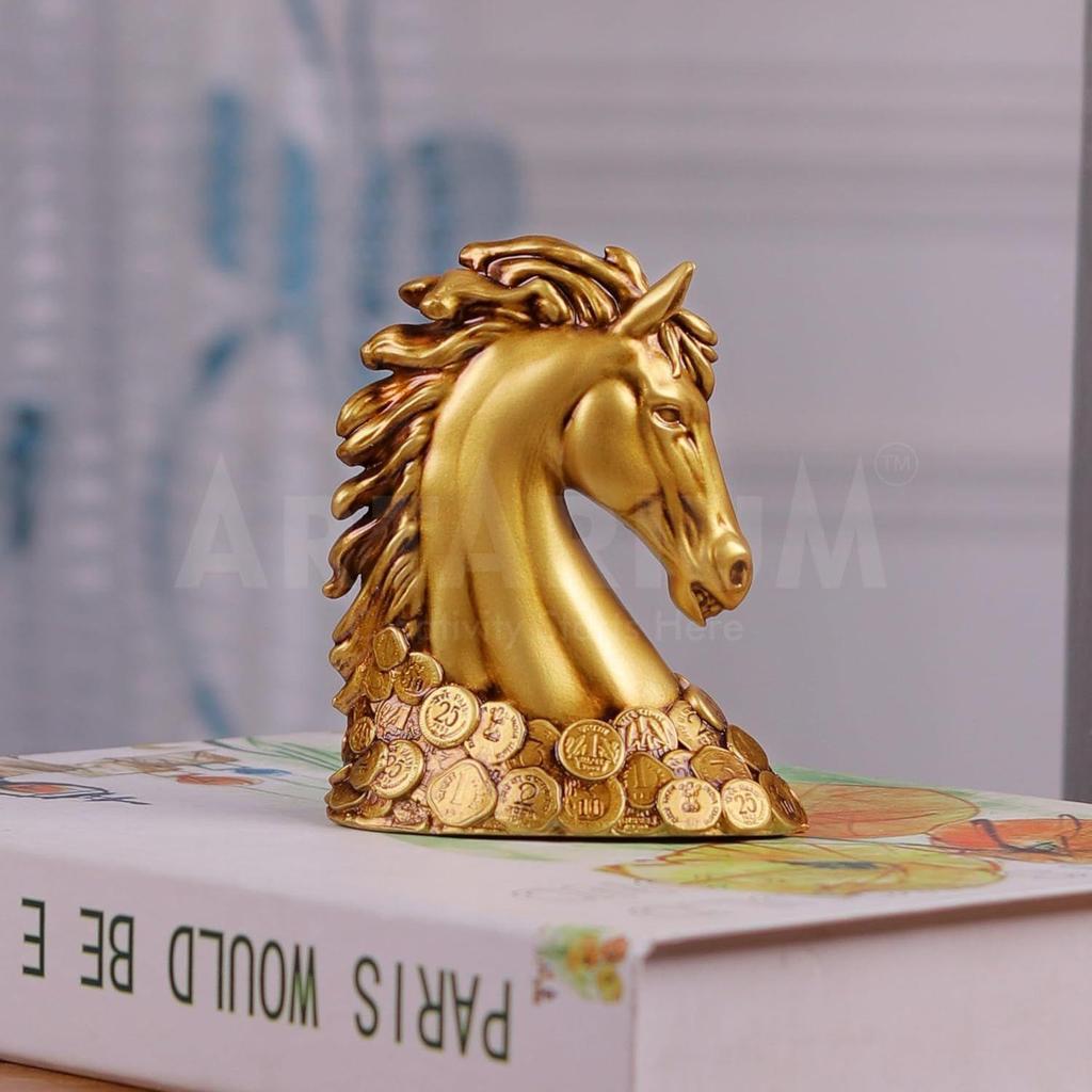 Coin Horse Head Horse Showpiece Vastu Horse Idol Good Luck Resin Horse Statue Feng Shui Horse for Car Dashboard Home Decor