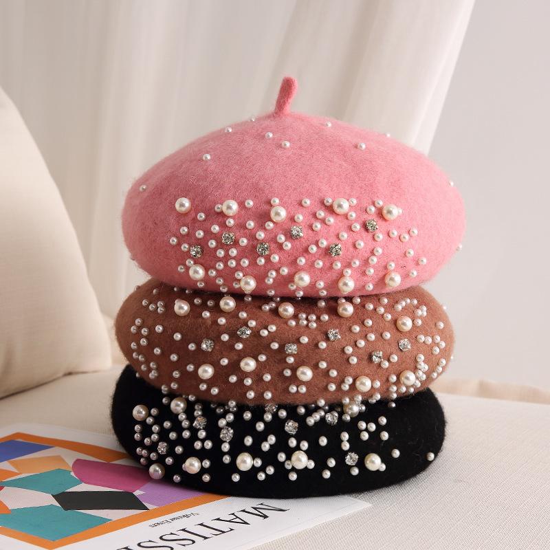 Temperament Pearl Water Diamond Beret Women's Autumn/Winter British Retro Korean Japanese Painter's Hat