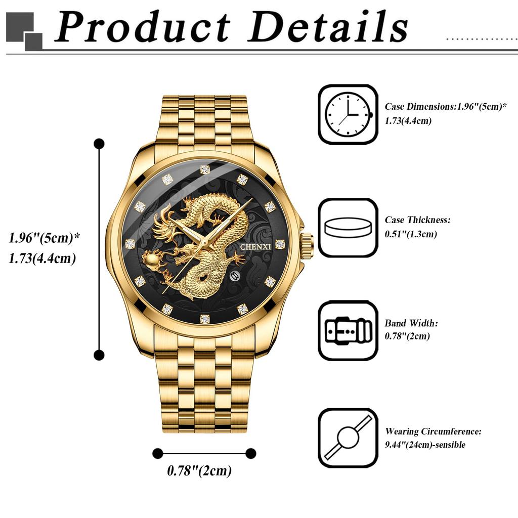 Dragon Stainless Steel Gold Analog Waterproof Quartz Fashion Watch In Gold Perfect Gift for Day Men's Watch Display, Calendar, Watch, - Birthdays,