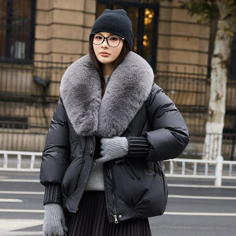 Winter Style Big Fur Collar Cotton Jacket, Down Cotton Jacket, Women's Short Thickened Anti-fur Jacket, Small Protective Jacket