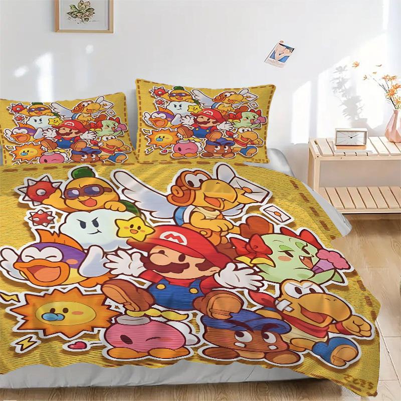 3pcs bedding set Mario Characters Includes 1 Comforter + 2 Pillowcases, Without Pillow Inserts, Soft Comfortable,a0910257